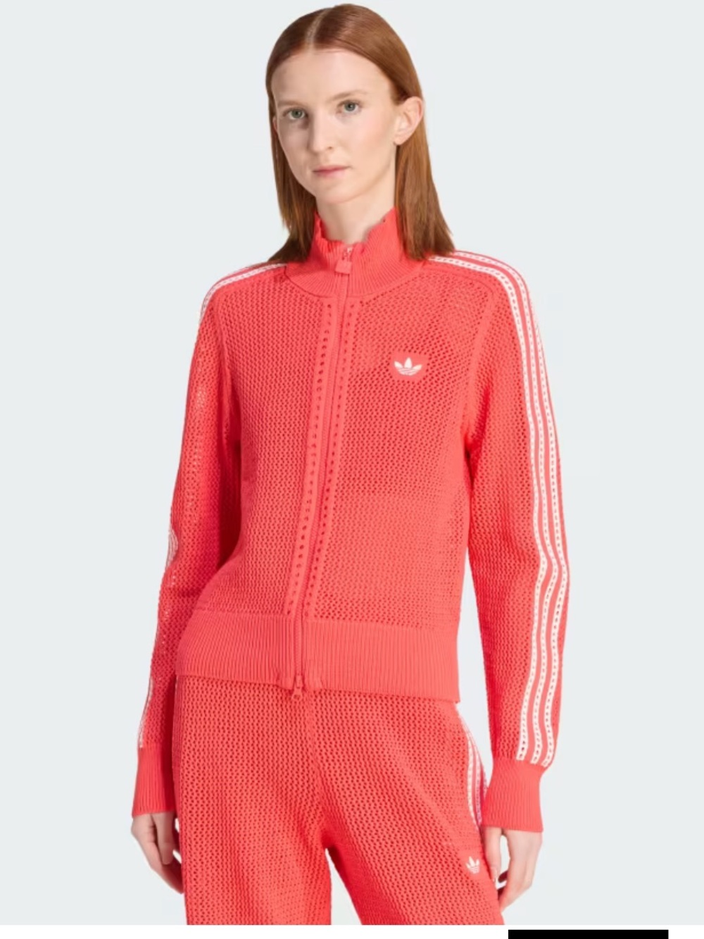 adidas Coral-Red Knit Track Jacket with White Stripes